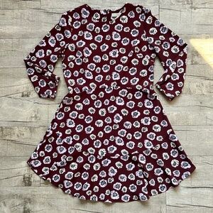 LOFT Burgundy Red Pink Retro 70s Floral Long Sleeve A Line Office Holiday Dress